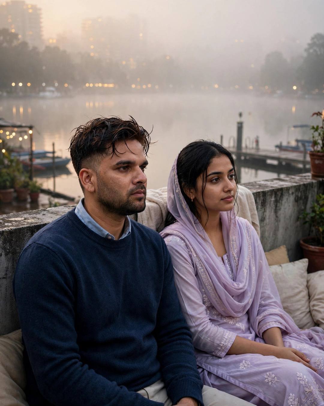 A couple sitting side by side on a rooftop at dawn overlooking a foggy lake, the man in a navy sweater and the woman in a pastel salwar-kameez