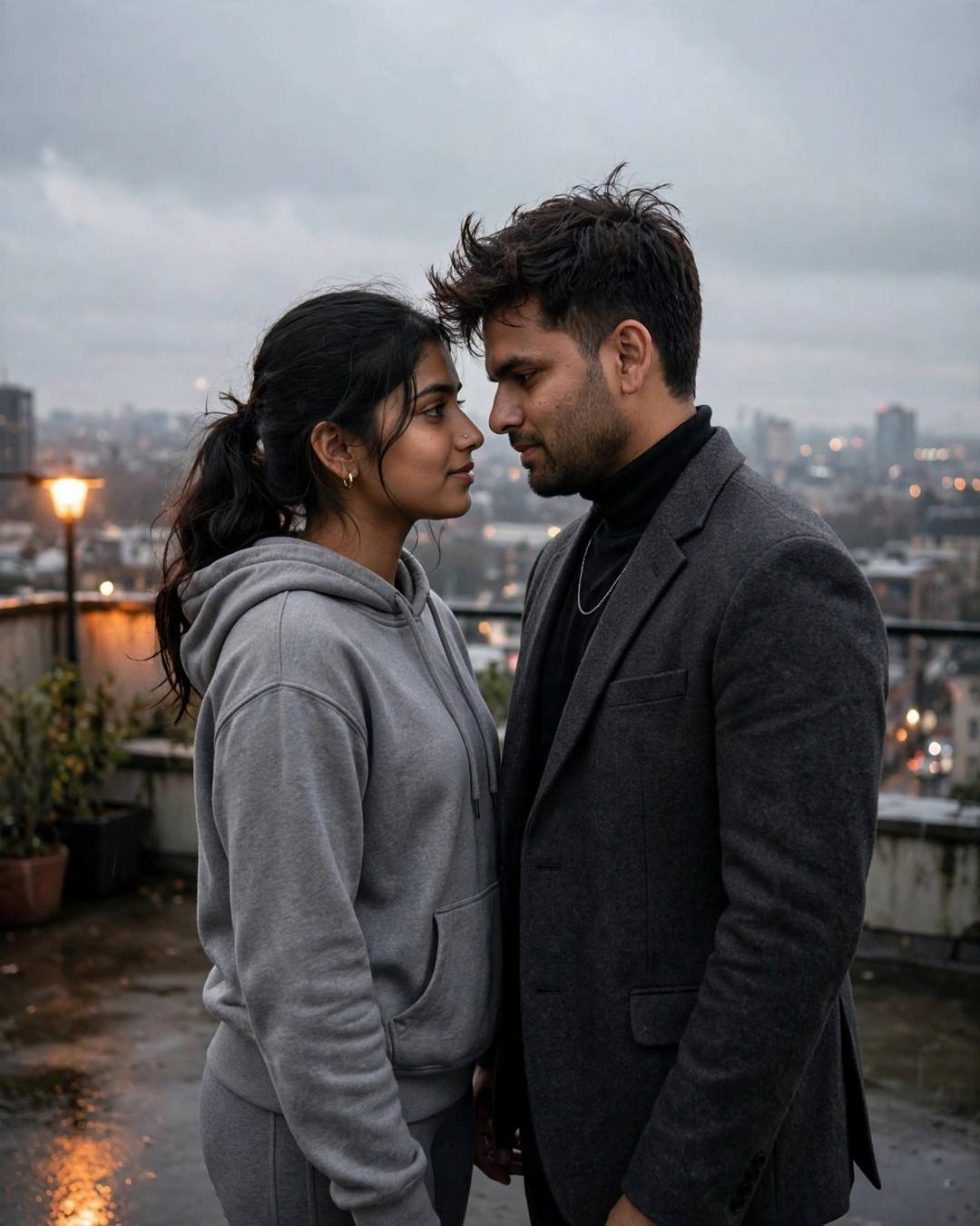 Rain-soaked trench coats under a single spotlight — cinematic AI couple photograph