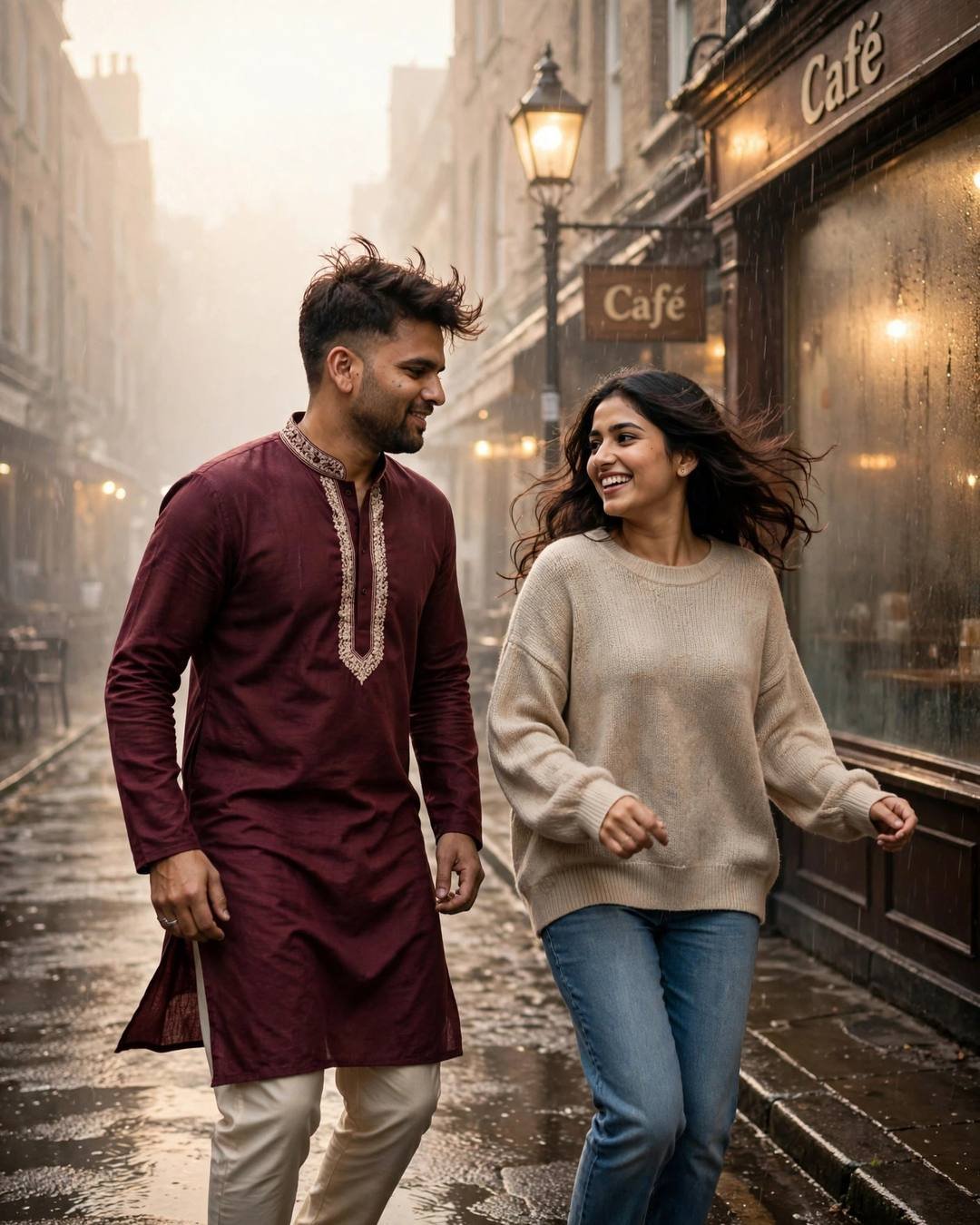 Couple laughing together on a rain-soaked old street outside a café, the man in a maroon embroidered kurta and the woman in a beige sweater and jeans, warm streetlamp glow through the drizzle.