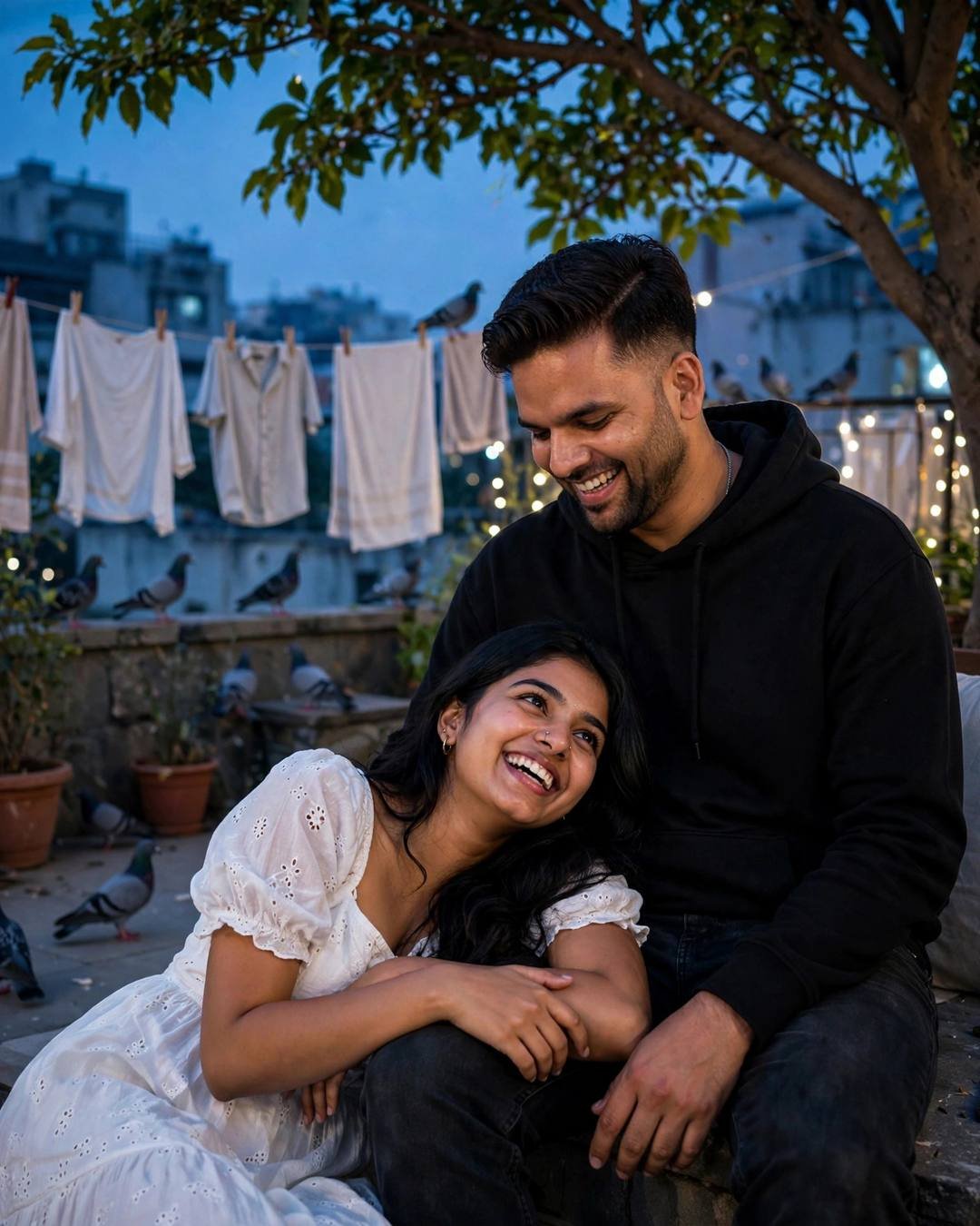 On a ghat's steps, watching diyas float — AI-generated cinematic couple portrait