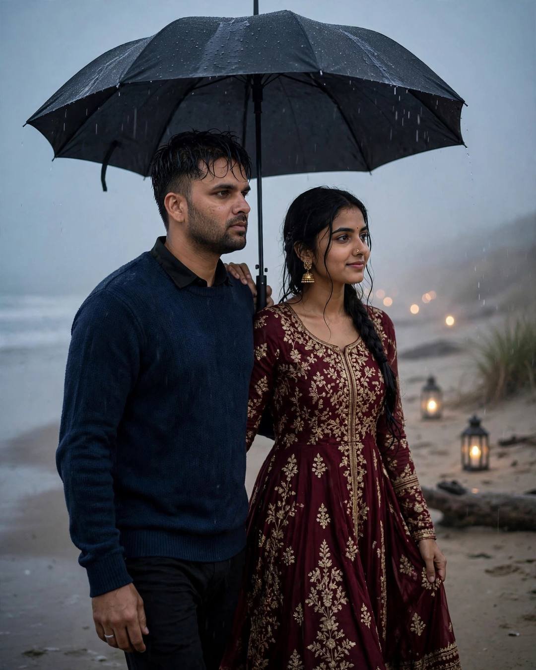A dhaba charpai under a neem tree — AI-generated cinematic couple portrait