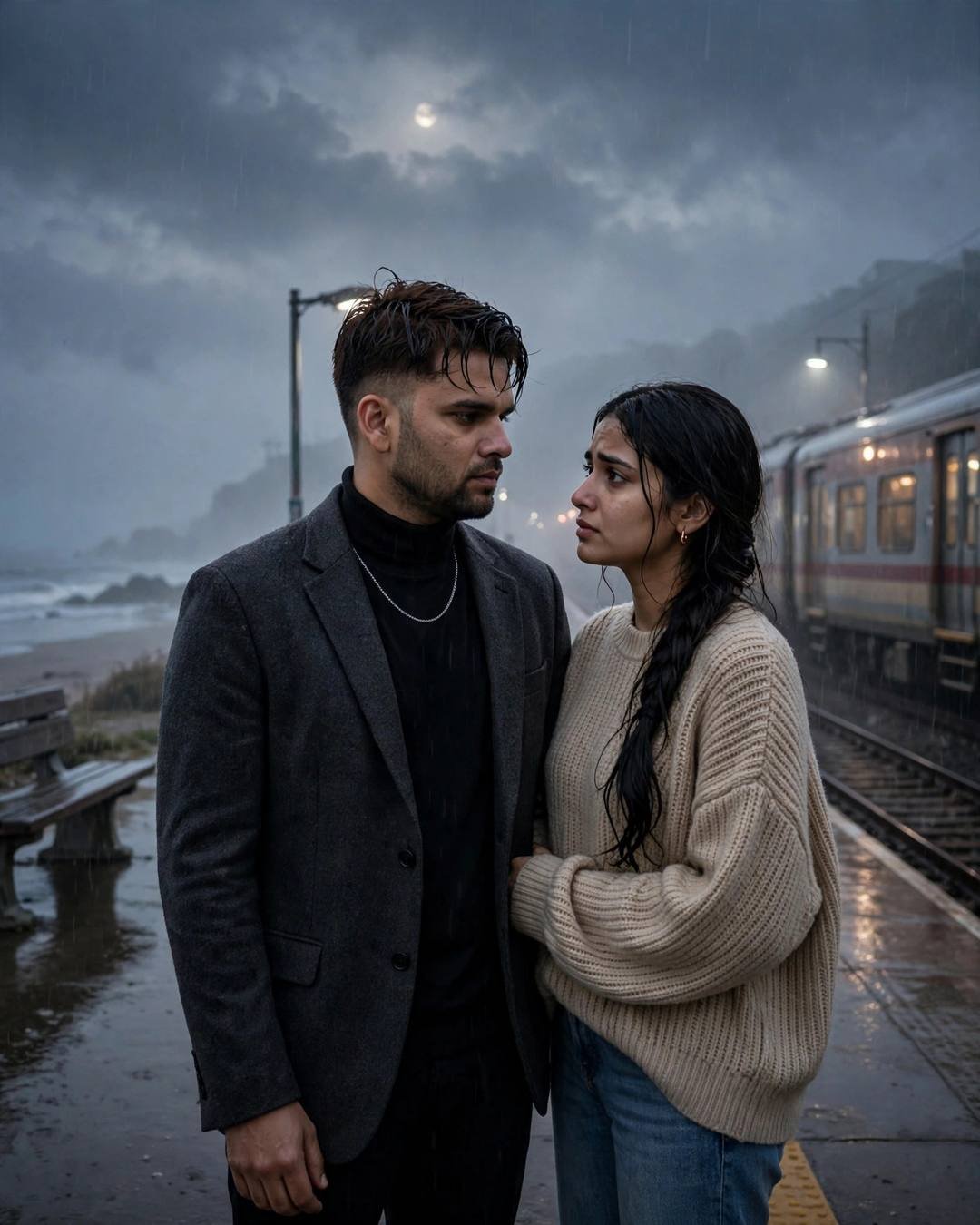 Couple standing close on a rain-soaked railway platform at night, the man in a charcoal blazer and black turtleneck, the woman in a beige knit sweater, a waiting train glowing behind them under a clouded moon.