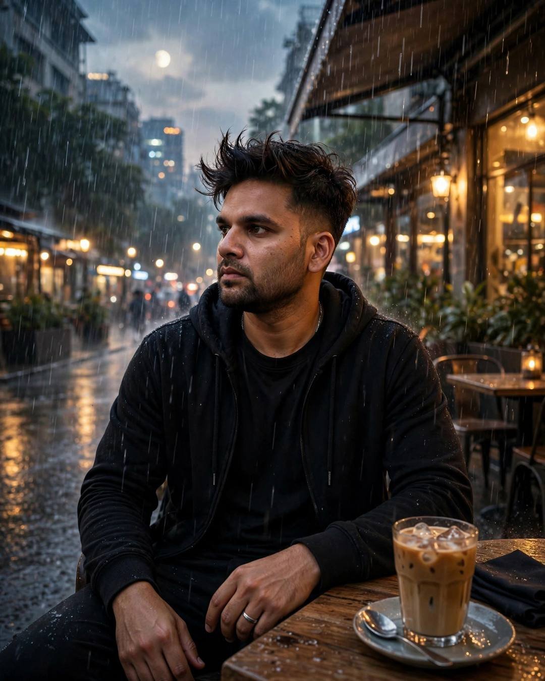 Young Indian man in all-black streetwear sitting at a cafe table with iced coffee on a rain-soaked street at night