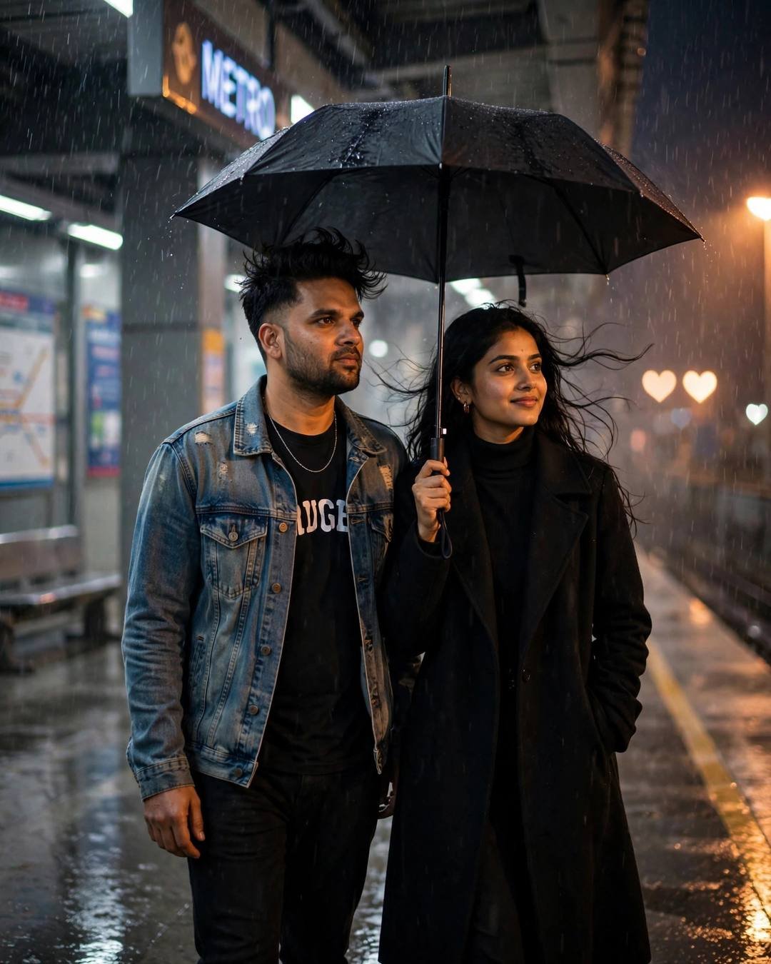 Young Indian couple sharing one umbrella at a rainy metro station at night