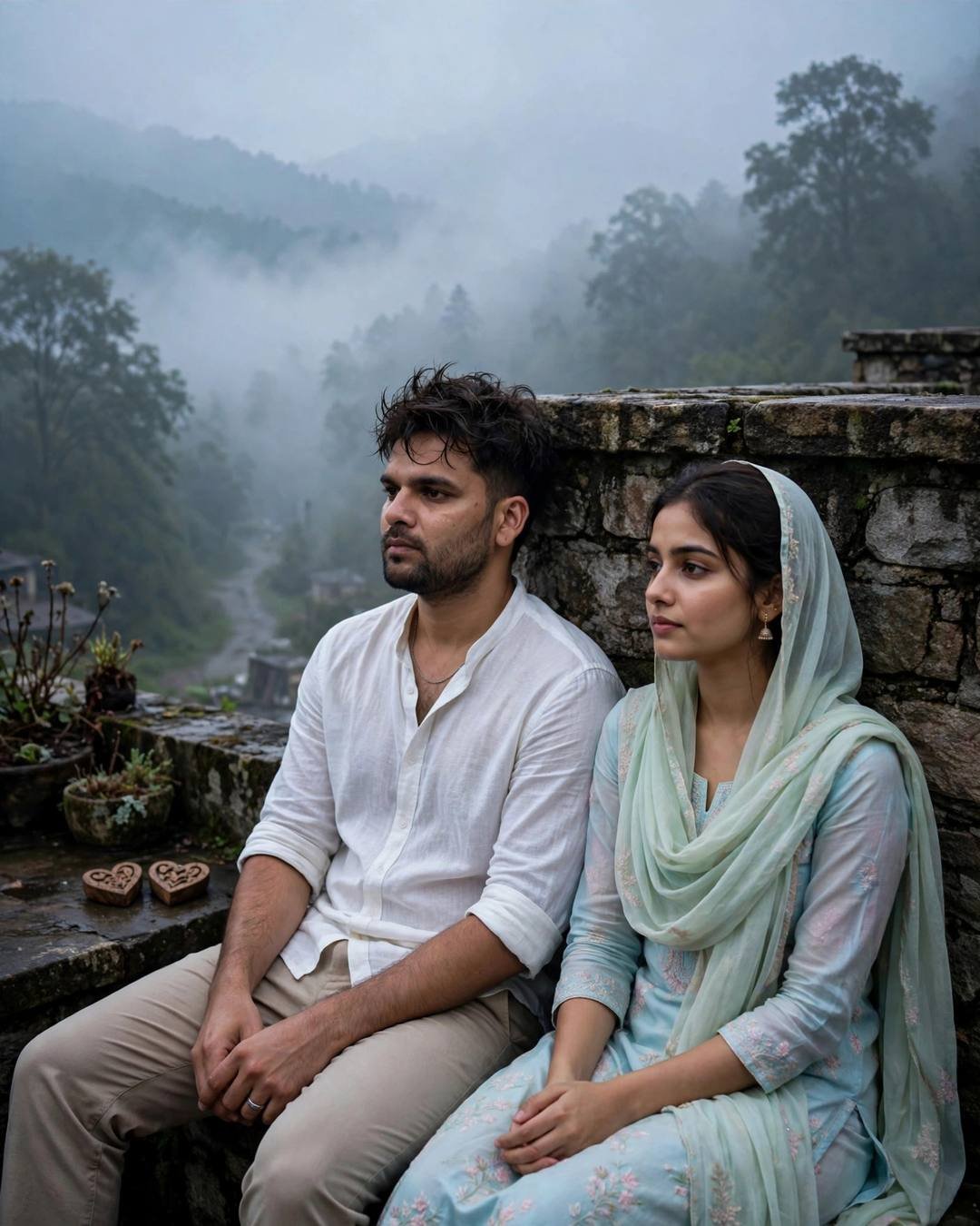 Young Indian couple sitting backs against a stone wall above a misty valley, reading old letters