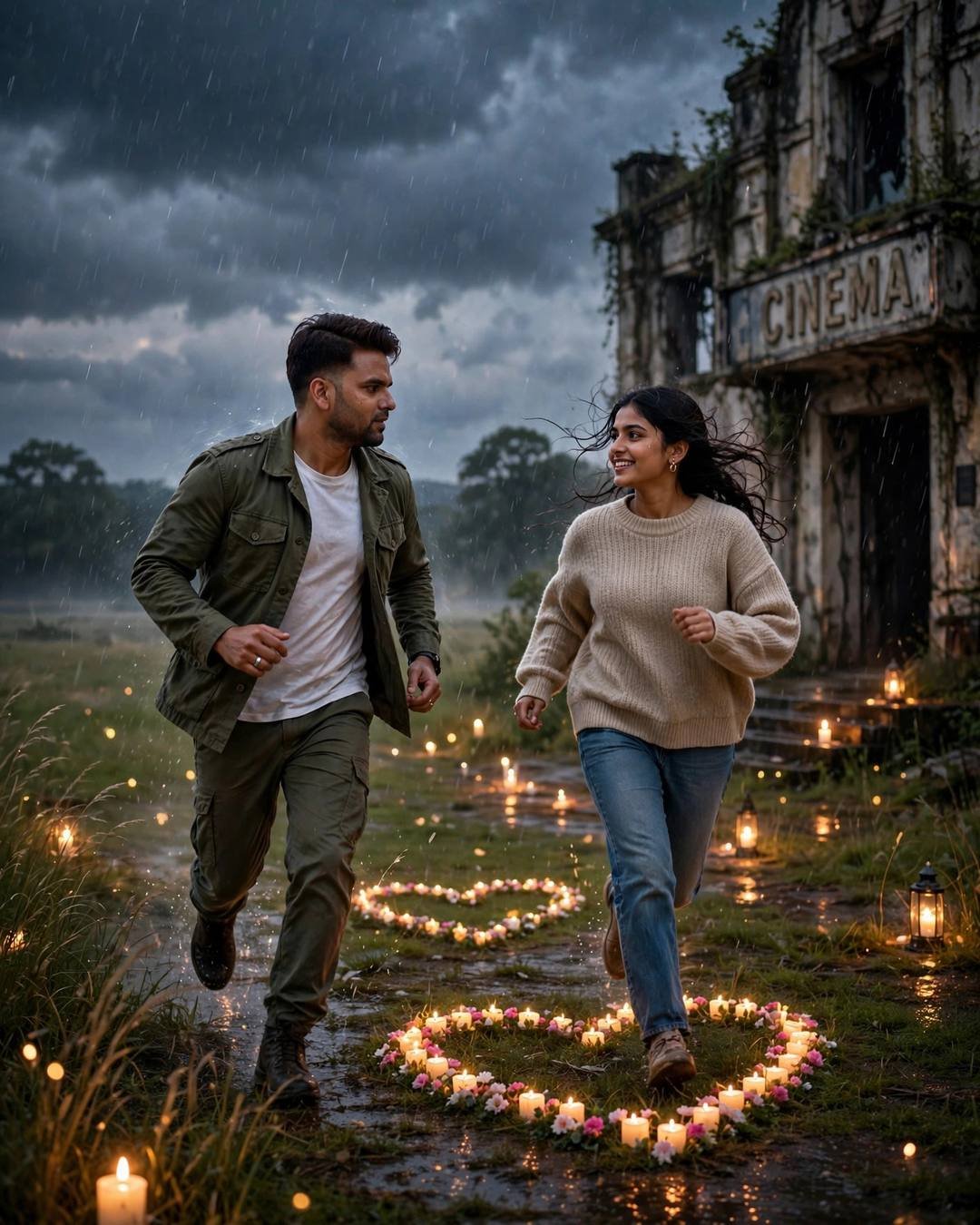 Young Indian couple running toward each other across a field at an abandoned cinema hall in the rain