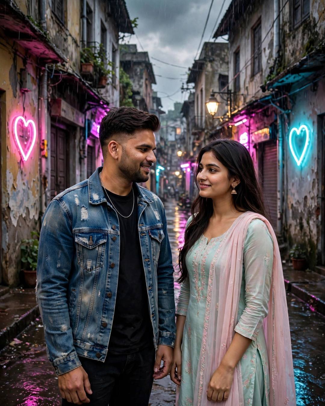 Young Indian couple standing face to face in a neon-lit old-city lane in the rain