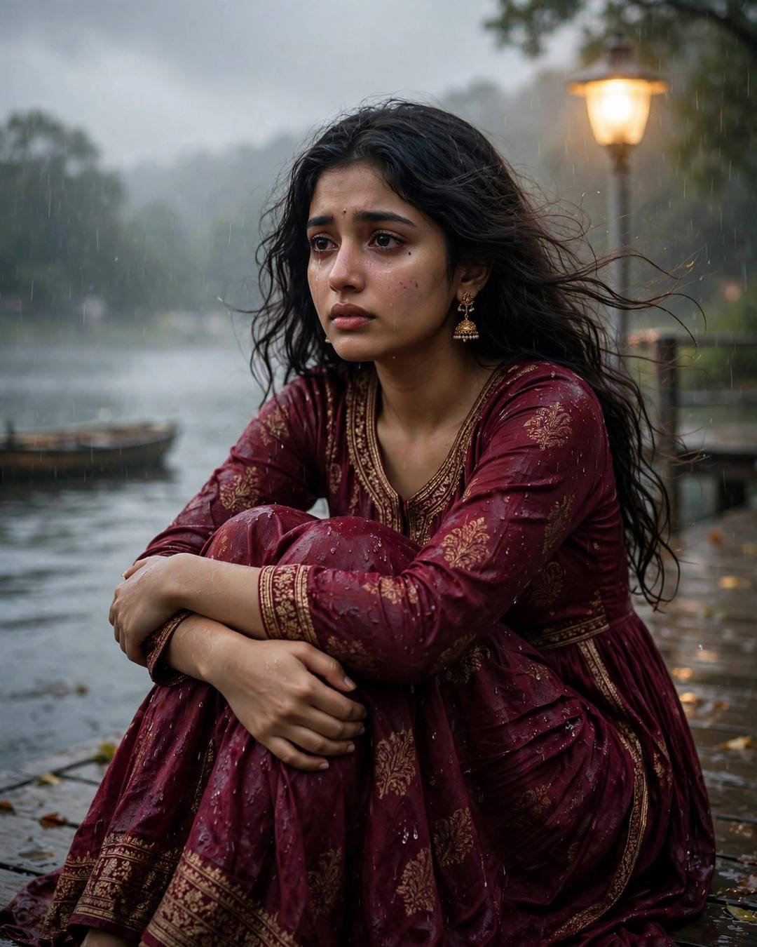 Young Indian woman in maroon anarkali with jhumkas sitting with knees drawn up on a lake pier in drizzle