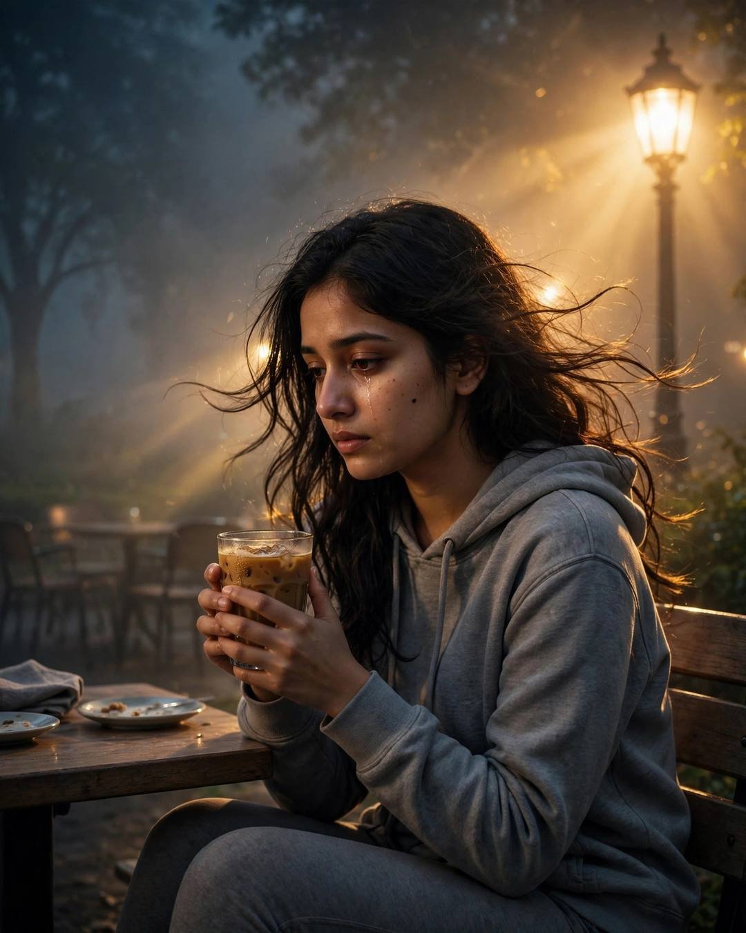 Young Indian woman in grey hoodie holding a cold coffee at a fog-bound cafe table at midnight