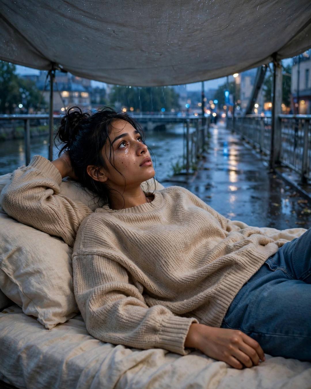Young Indian woman in oversized beige sweater lying on a bed under a bridge over a river at blue hour