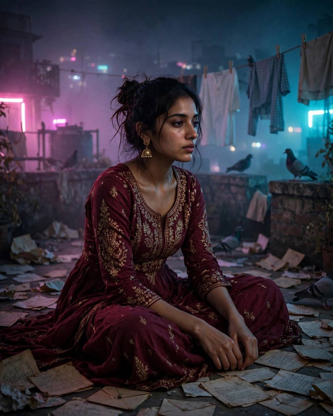 Young Indian woman in a maroon anarkali with messy bun sitting cross-legged on a terrace floor surrounded by old letters, neon pink and cyan light in fog