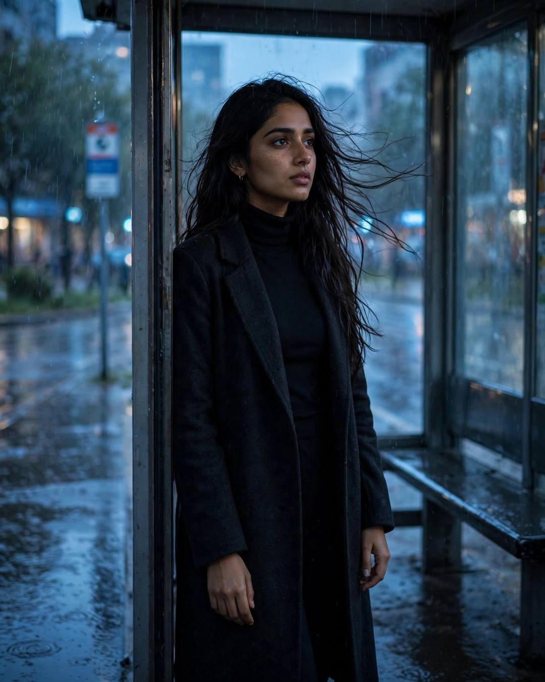 Young Indian woman in a black turtleneck and long coat standing at a bus stop shelter in the rain at blue hour, hair in the breeze