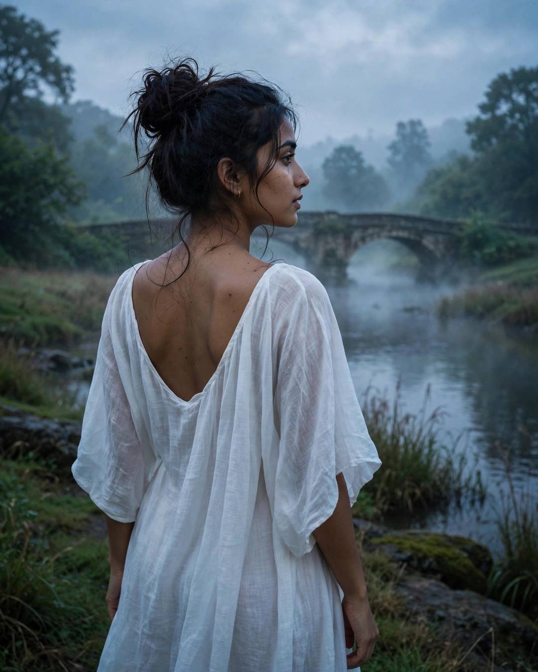 Young Indian woman in a flowing white summer dress with messy bun, back to the camera, looking over her shoulder at a stone bridge over a slow river at dawn