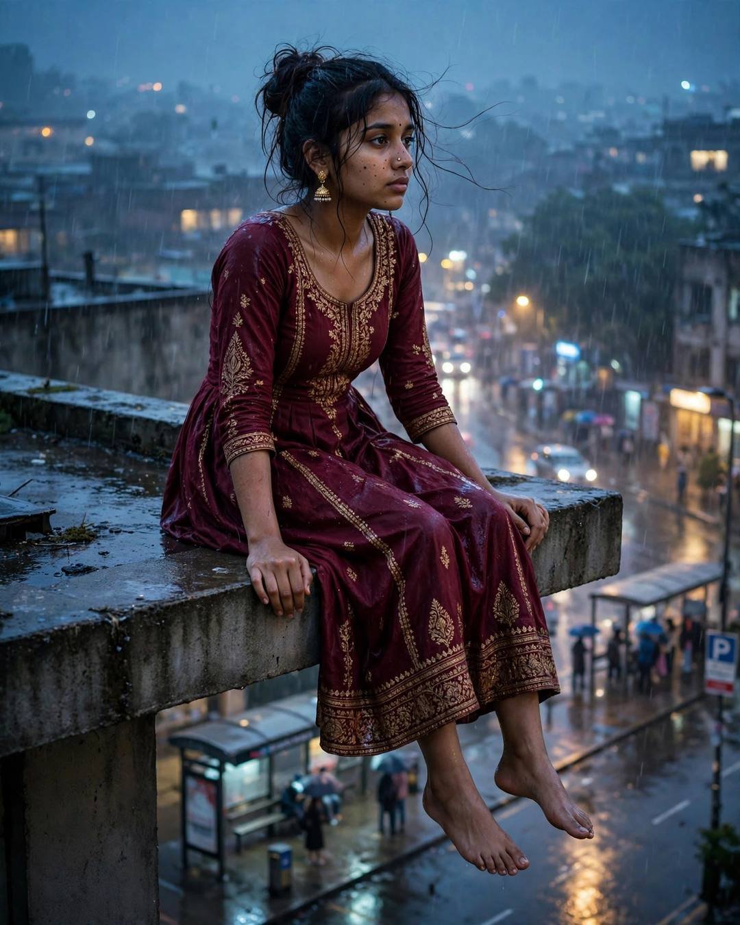 Young Indian woman in a maroon anarkali with jhumkas sitting on a rooftop ledge with legs dangling, rain falling, city street and bus stop glowing below