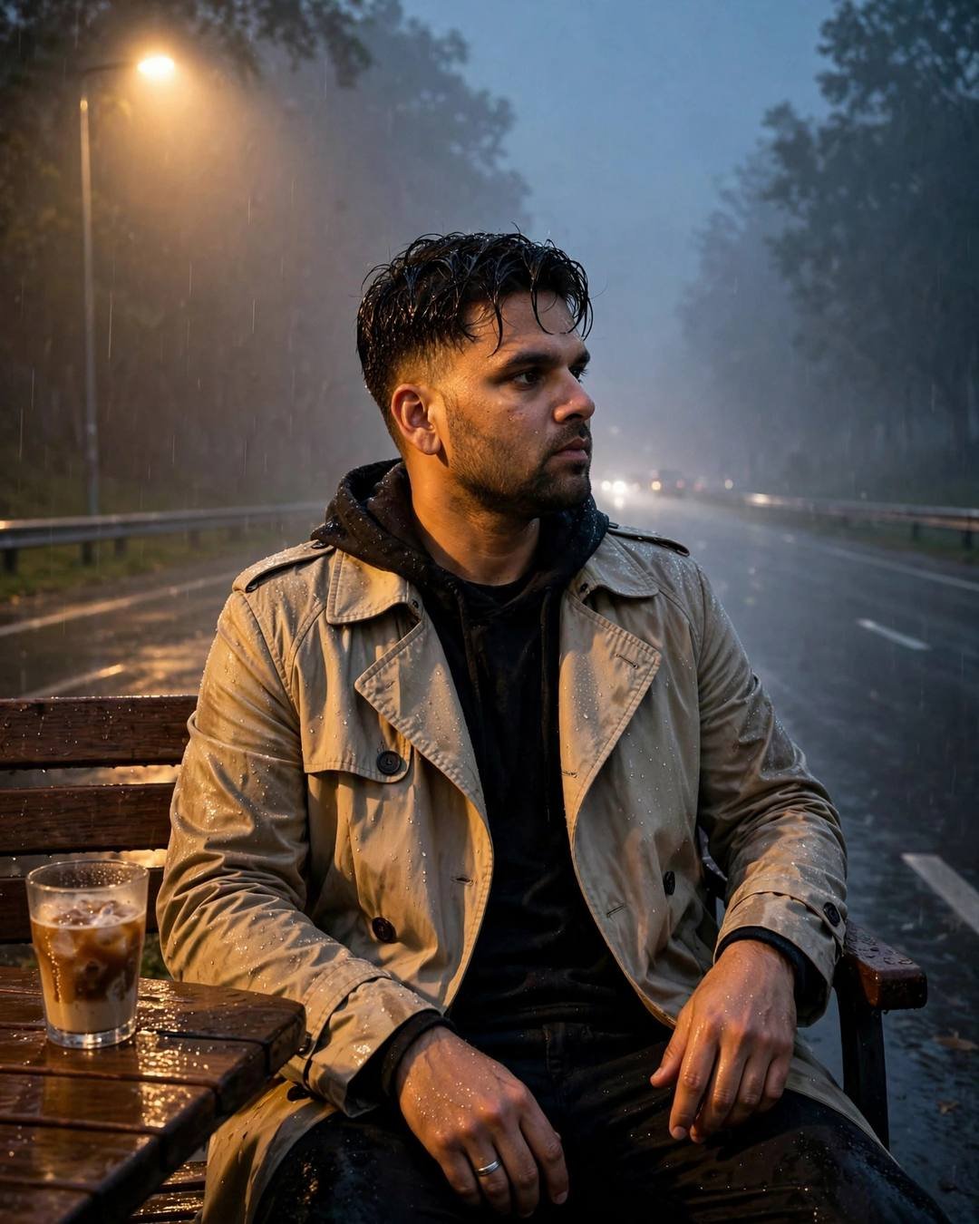 Young Indian man in a beige trench coat sitting on a rain-soaked park bench at night, glass of cold coffee beside him, fog and streetlamp glow
