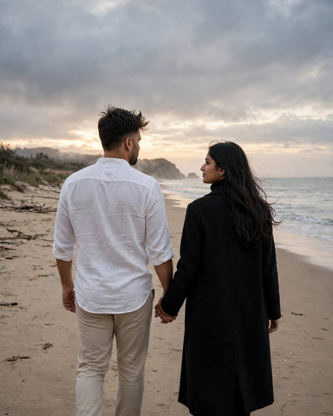Couple walking hand in hand away from the camera on a deserted beach at dusk
