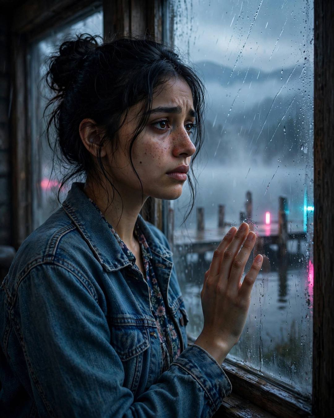Young Indian woman standing at a rain-streaked window, one hand on the glass at the quiet lake pier at dawn, dense fog