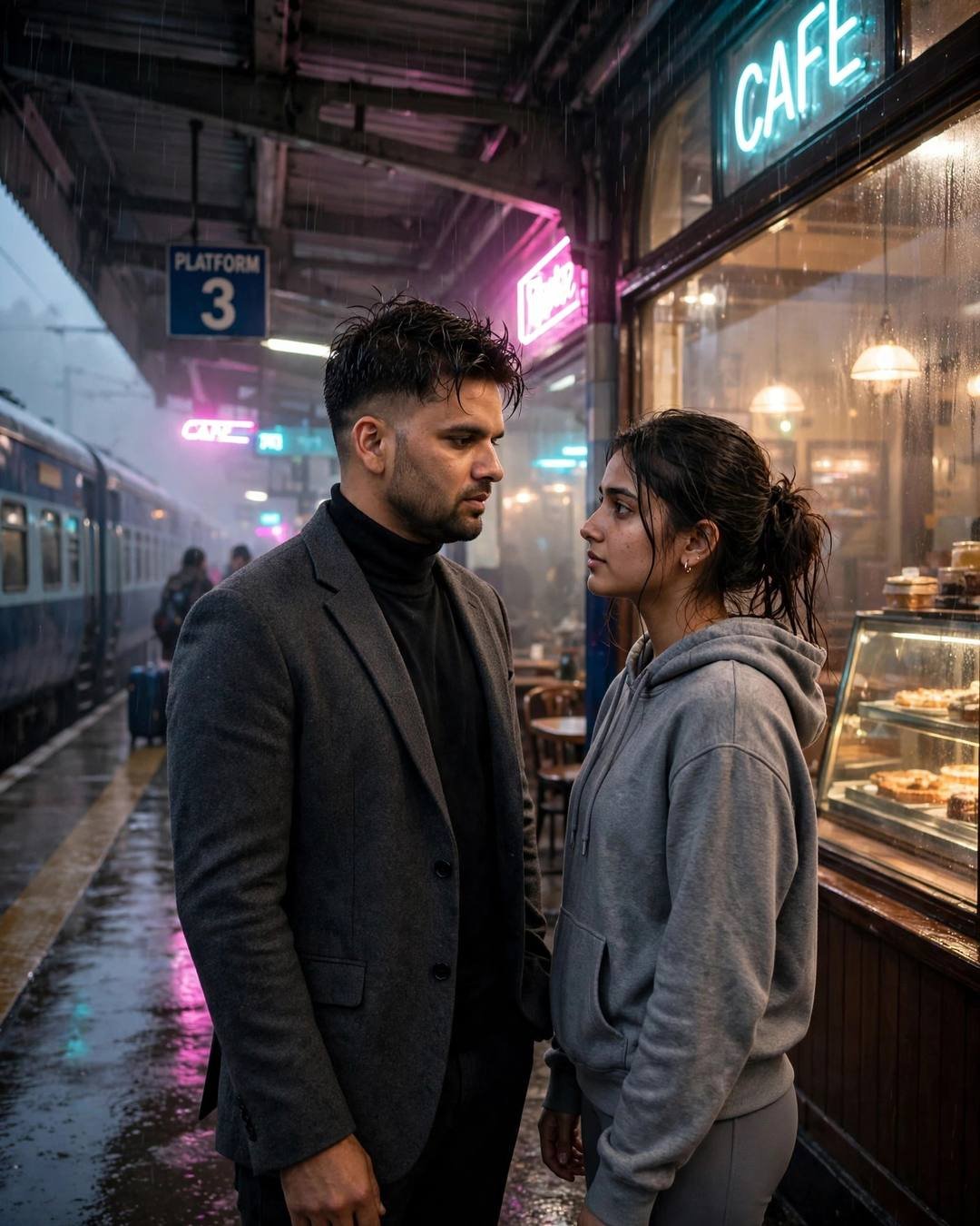Young Indian couple one last hug at a railway platform as the train waits at the old cafe by a fogged window, light rain