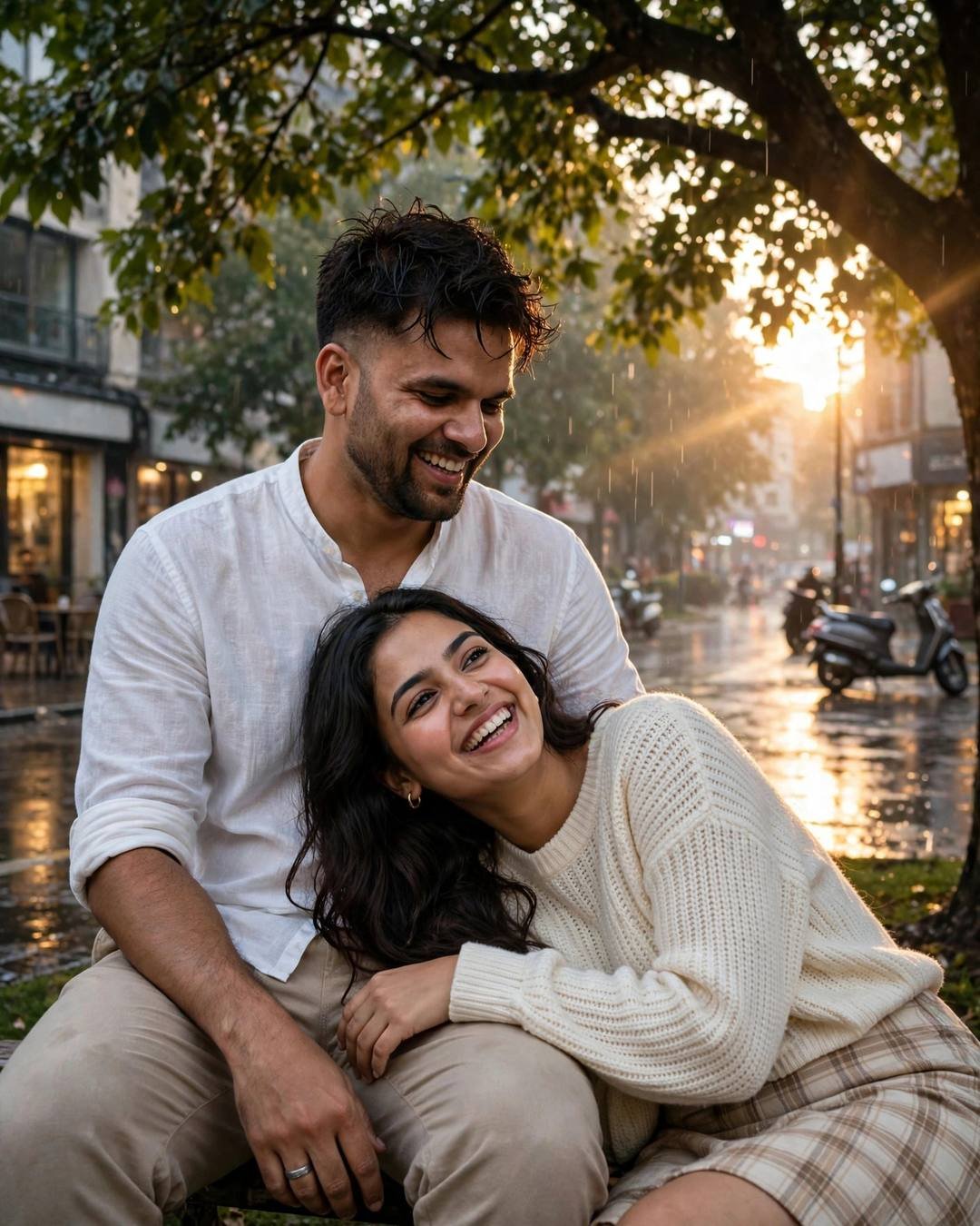 Young Indian couple sitting under a tree, her head in his lap, both laughing softly at the rain-soaked city street, clear cold night