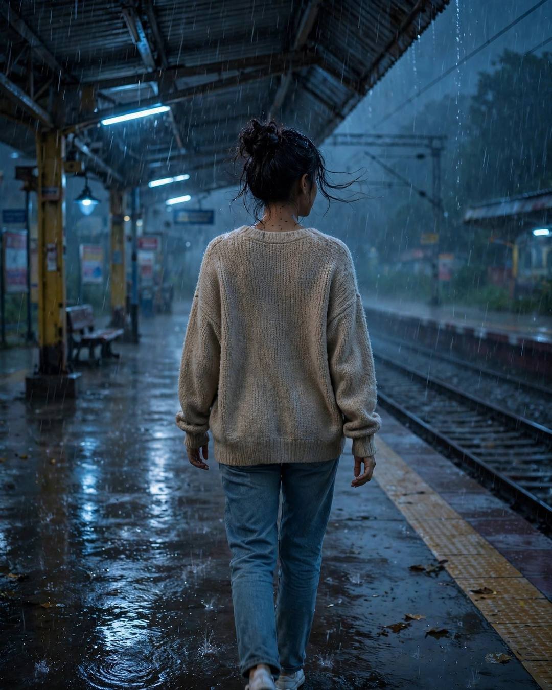 Young Indian woman walking away from the camera down an empty path at the empty railway platform at night, heavy monsoon rain