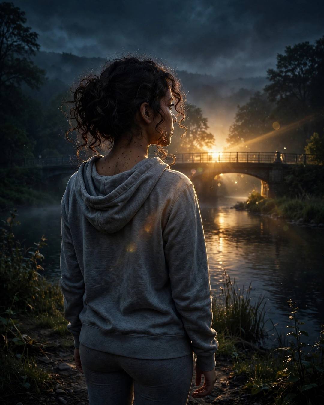 Young Indian woman back to the camera, looking over one shoulder at the bridge over a slow river, overcast gloom