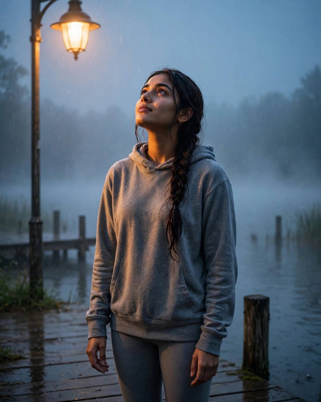 Young Indian woman standing under a streetlamp in the rain, face lifted to the sky at the quiet lake pier at dawn, dense fog