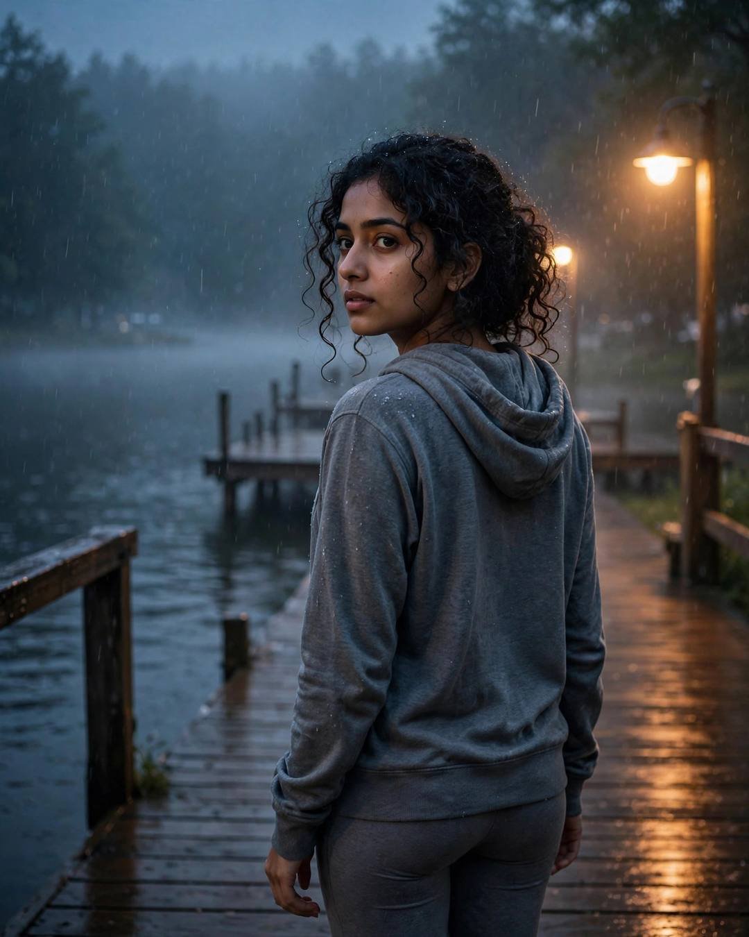 Young Indian woman back to the camera, looking over one shoulder at the quiet lake pier at dawn, light rain