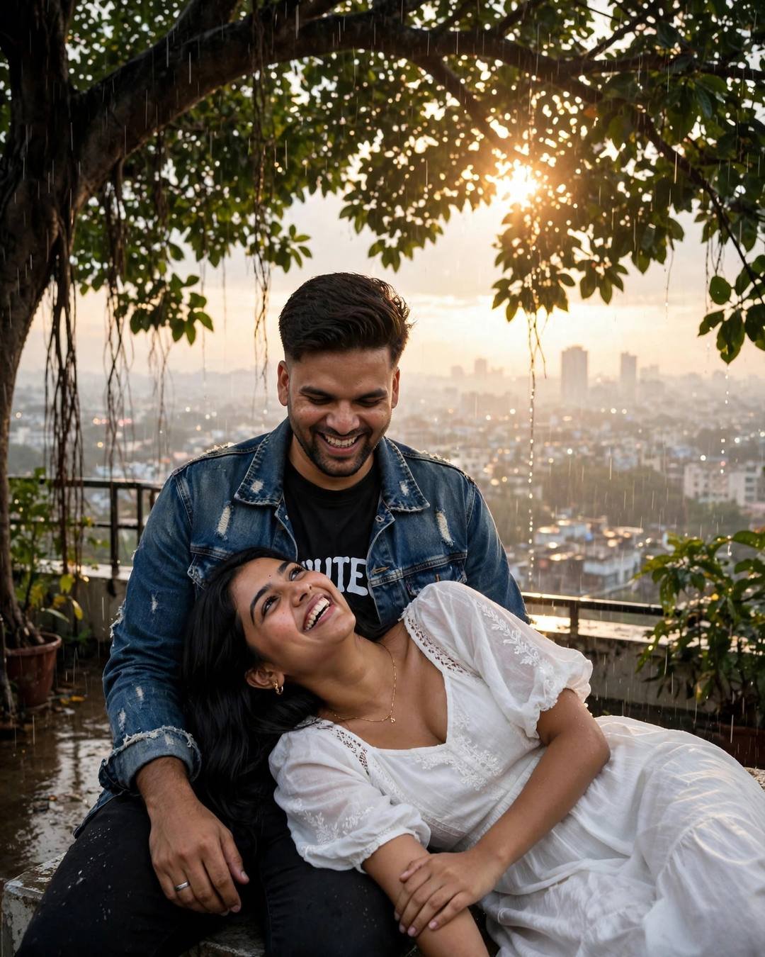 Young Indian couple sitting under a tree, her head in his lap, both laughing softly at the rooftop overlooking sleeping city lights, heavy monsoon rain
