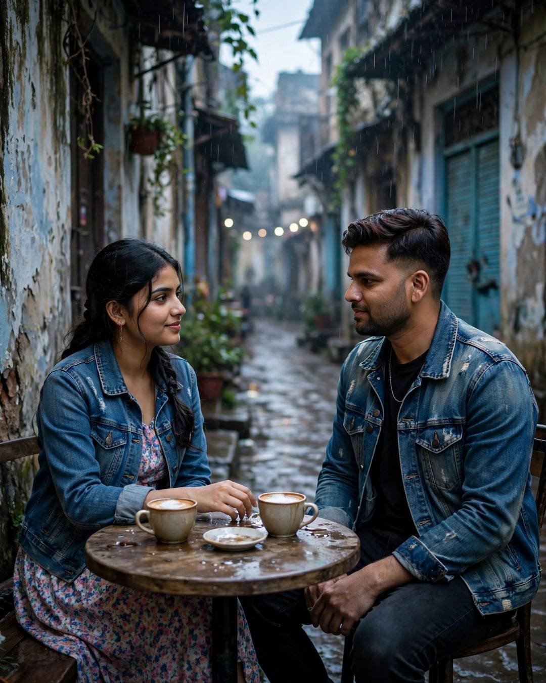 Couple in denim jackets sharing coffee at a small table in a rainy old-city lane