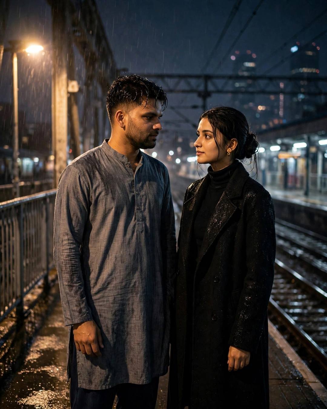 Couple facing each other on a rainy railway bridge at night with blurred city lights behind