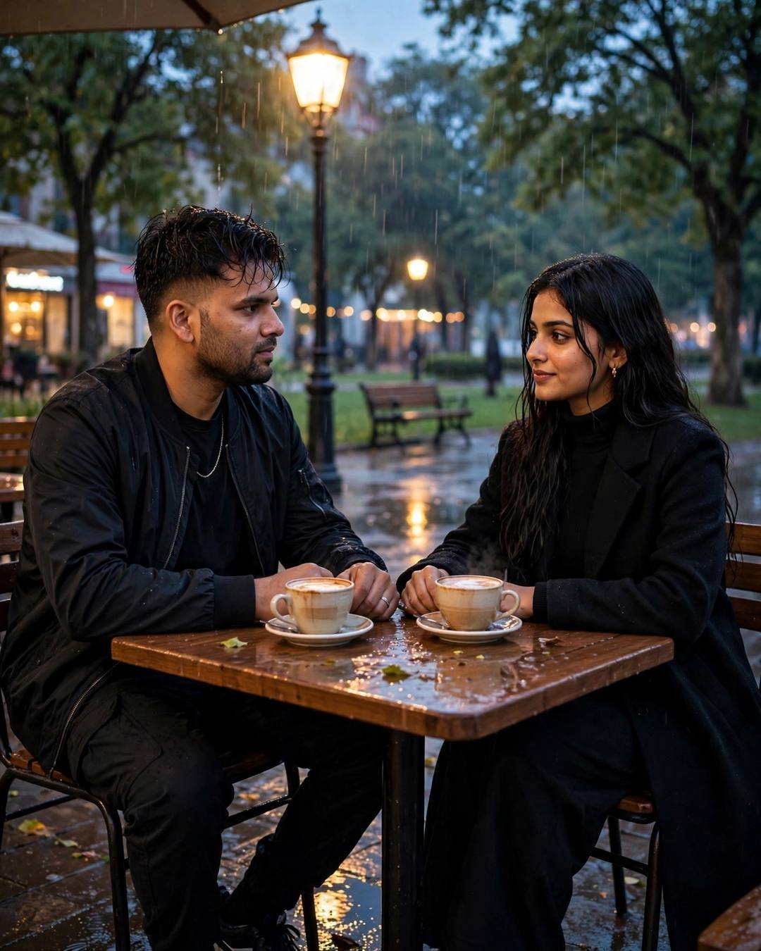 Couple sharing coffee at a park table under a lone lamp in evening drizzle