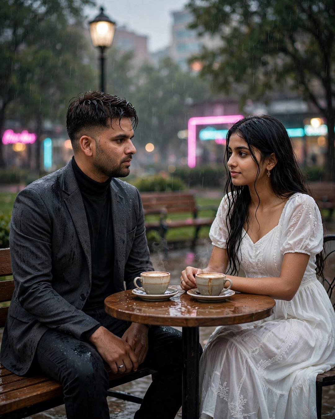 A man in a charcoal blazer and black turtleneck and a woman in a white summer dress sitting across a cafe table in a rainy park with neon lights