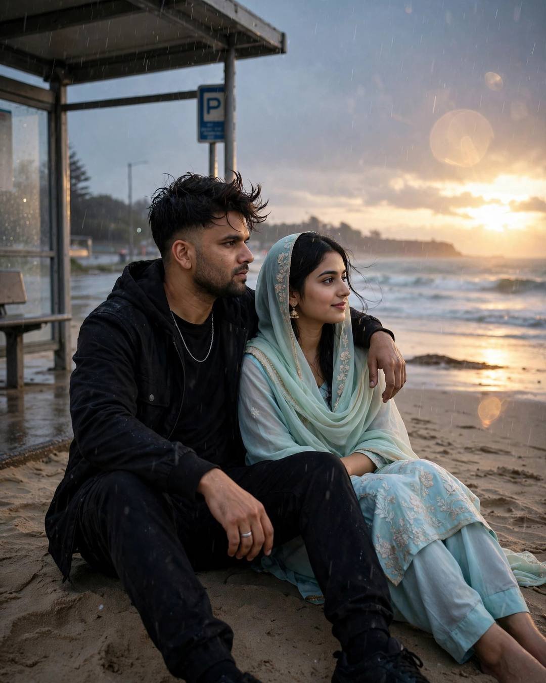A man in all-black streetwear with his arm around a woman in a pastel salwar-kameez, sitting on wet sand by the sea at golden hour