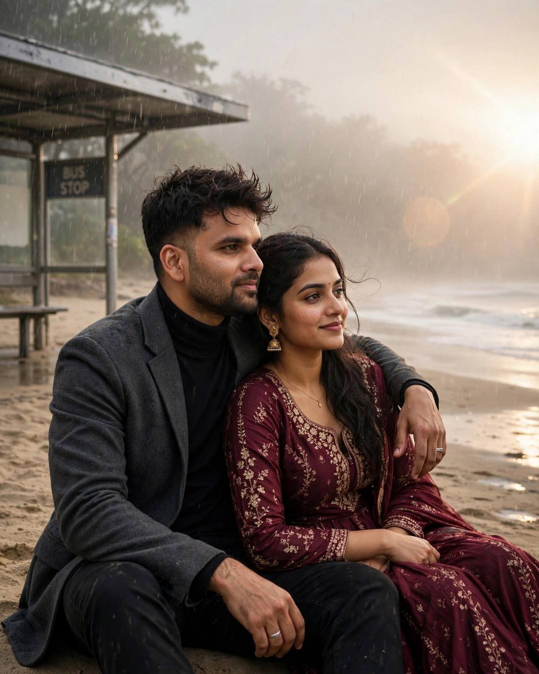 A man in a charcoal blazer with his arm around a woman in a maroon anarkali, sitting on wet sand watching the waves with golden backlight