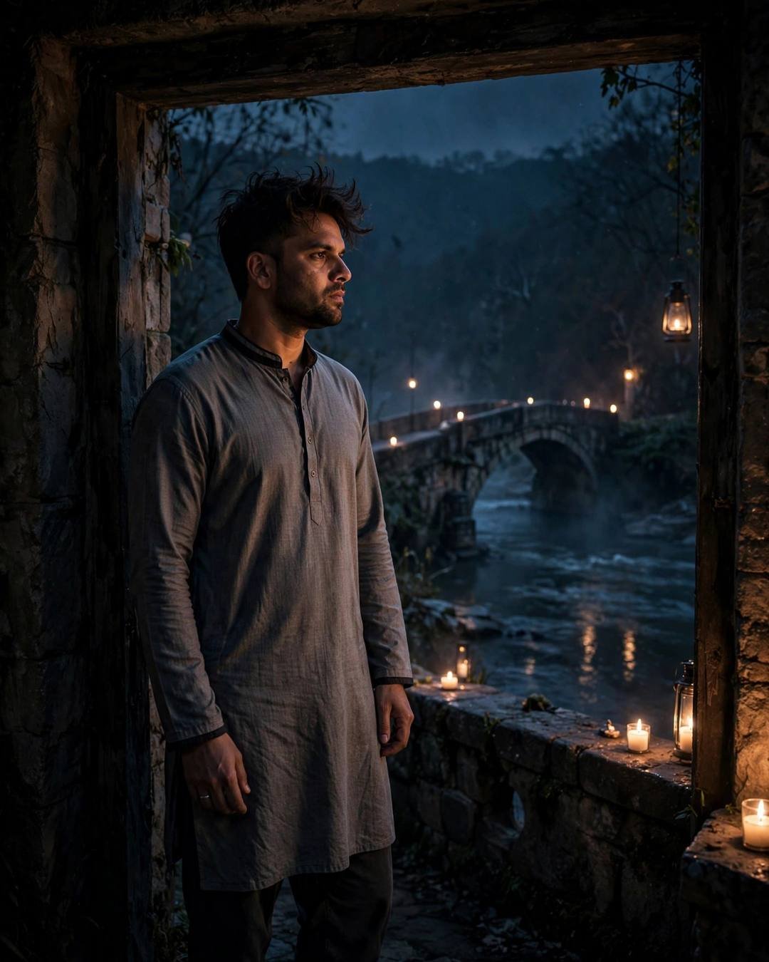 Young Indian man standing in a doorway, half in shadow at the bridge over a slow river, clear cold night