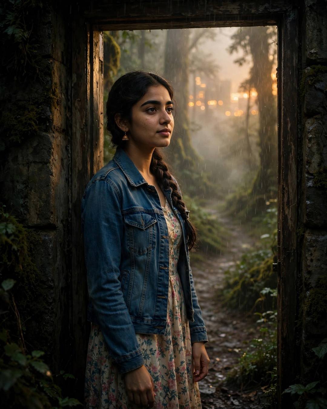 Young Indian woman in a denim jacket over a floral dress standing in a stone doorway at golden hour, watching rain on a misty forest path, cinematic AI portrait
