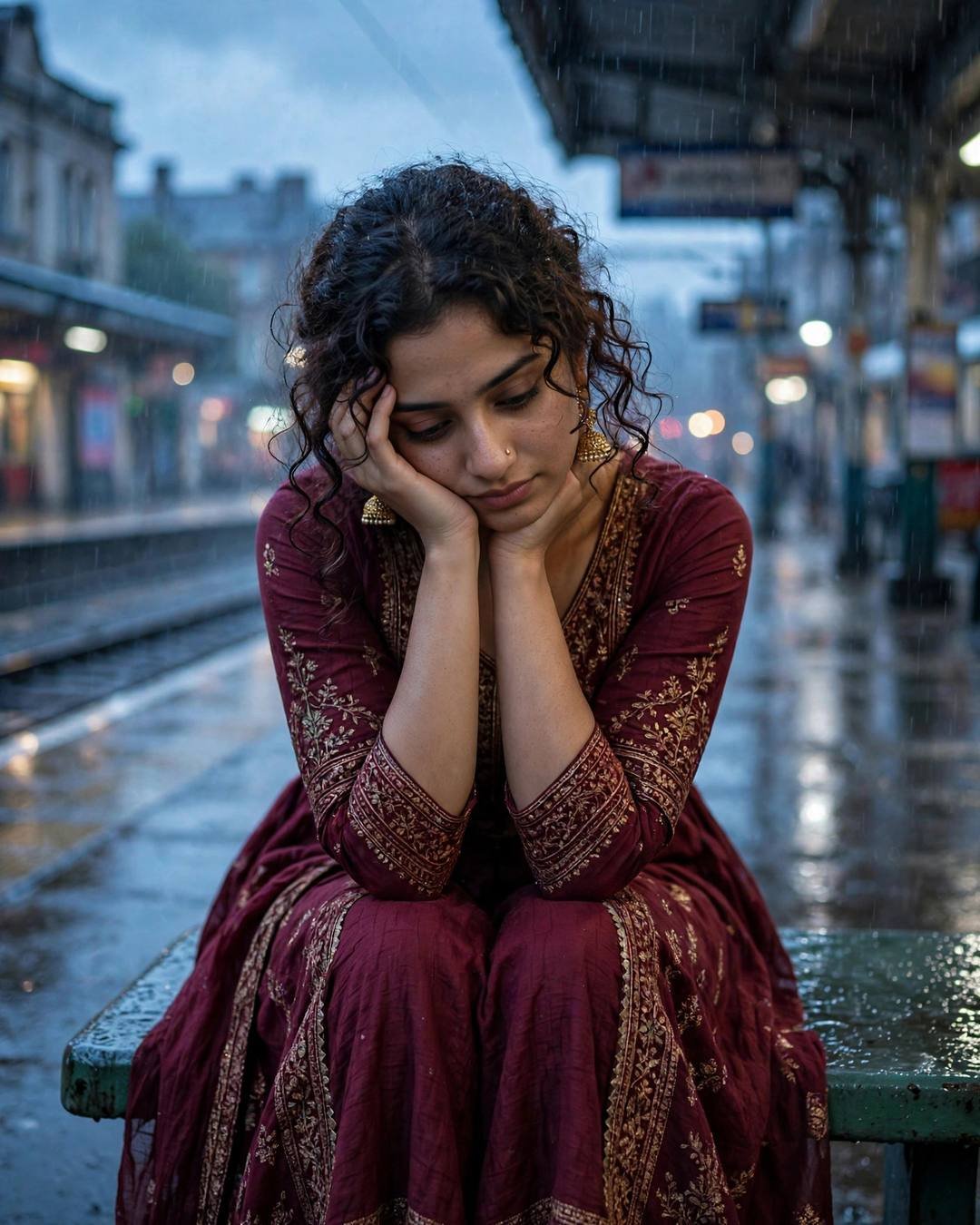 Young Indian woman in a maroon anarkali sitting on a station bench in the rain at blue hour, chin resting in her hands, cinematic AI portrait