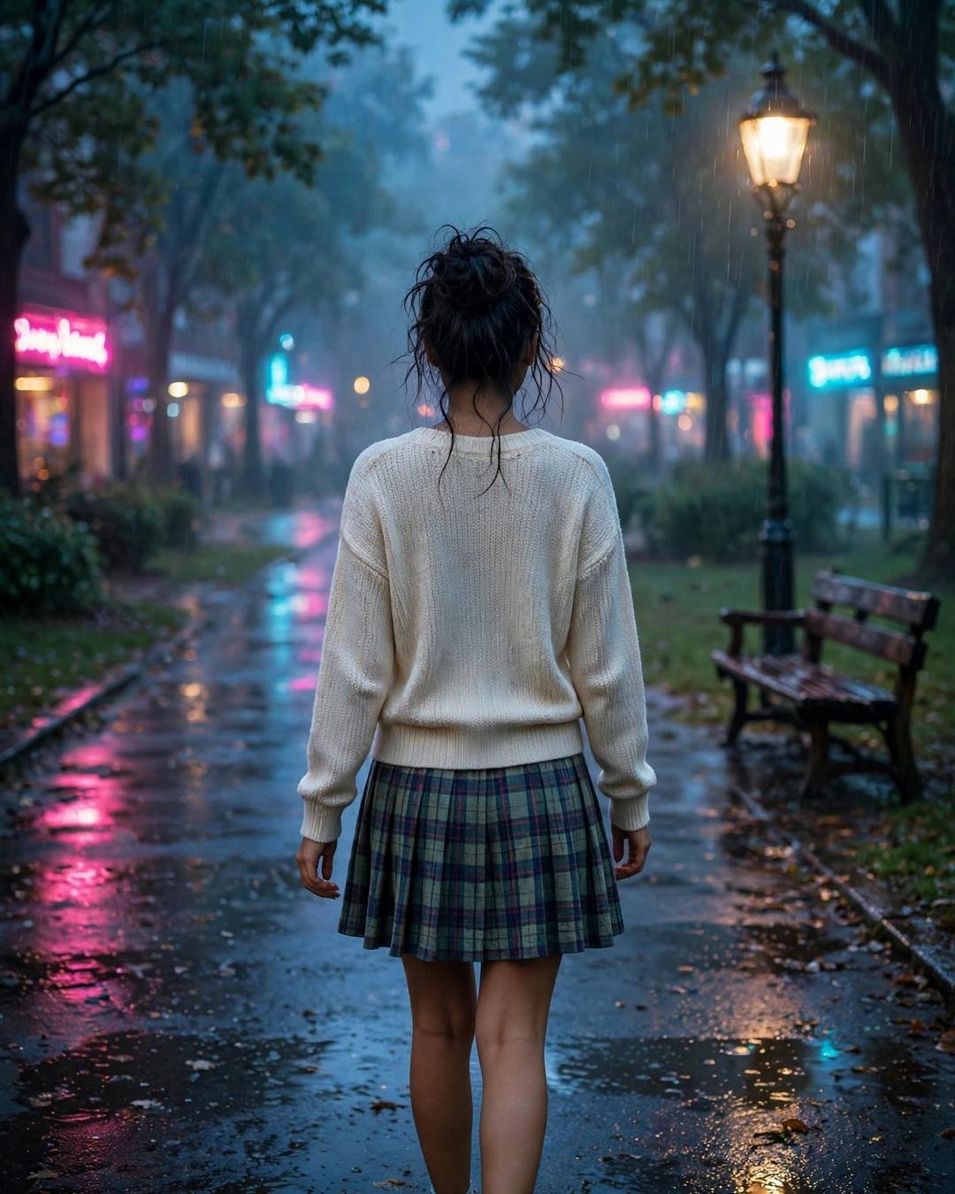 Young Indian woman in a cream knit top and plaid skirt walking away down a rain-wet park path under a lone lamp at blue hour, neon pink and cyan glow, cinematic AI portrait