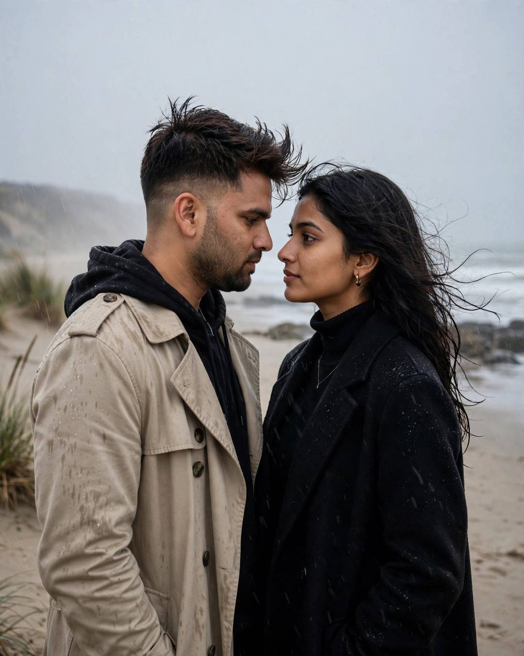 Couple standing forehead to forehead on a rainy beach at dusk, man in beige trench coat, woman in black coat