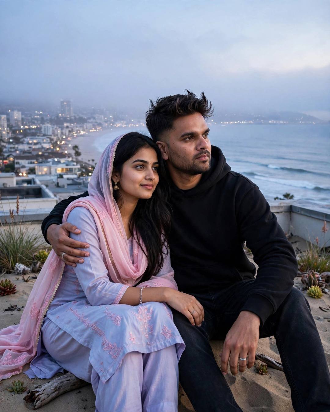 Couple sitting close on a rooftop overlooking a coastal city at blue hour, woman leaning on man's shoulder