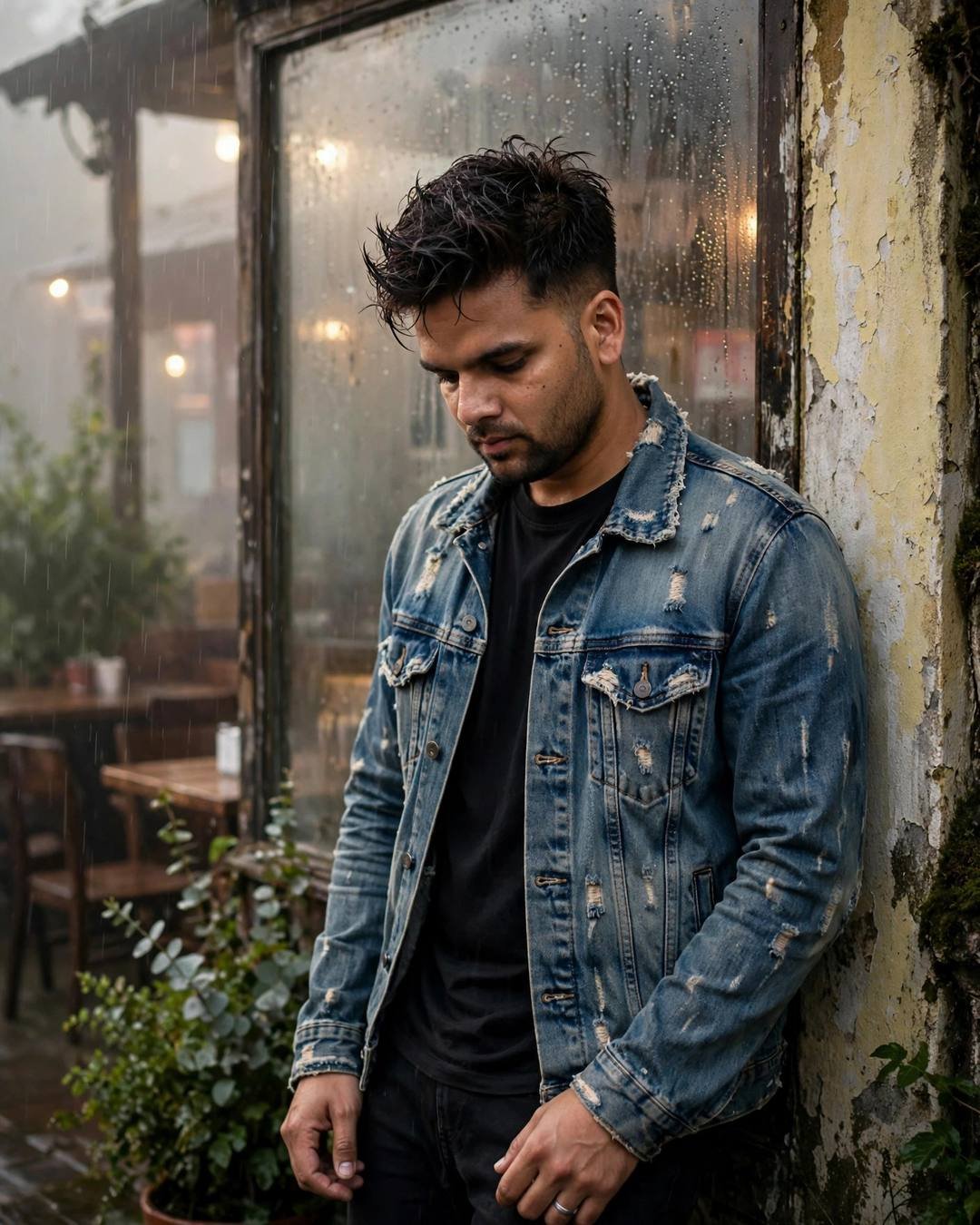 Young Indian man in distressed denim jacket leaning against a weathered wall beside a fogged café window in drizzle