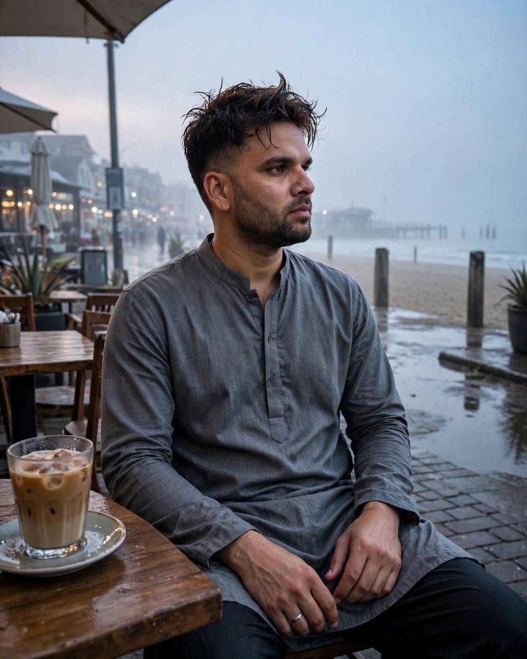 Young Indian man in grey kurta seated at a beachside café table with cold coffee, wet post-rain promenade at dusk