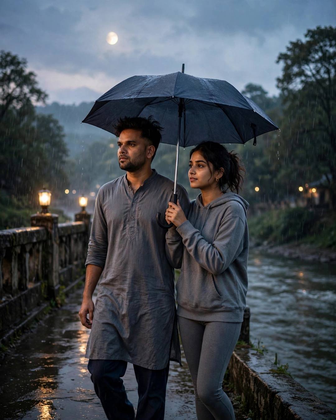 Indian couple sharing an umbrella on a stone bridge over a river at night in light rain, man in grey kurta and woman in grey hoodie, moon and lamps glowing