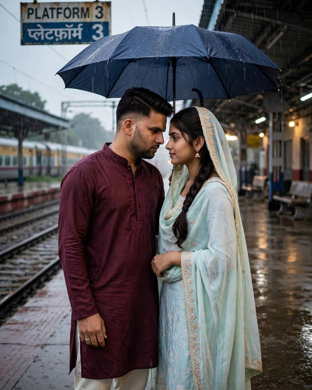 Indian couple in traditional wear standing face to face with foreheads nearly touching under one umbrella on a rainy railway platform at night