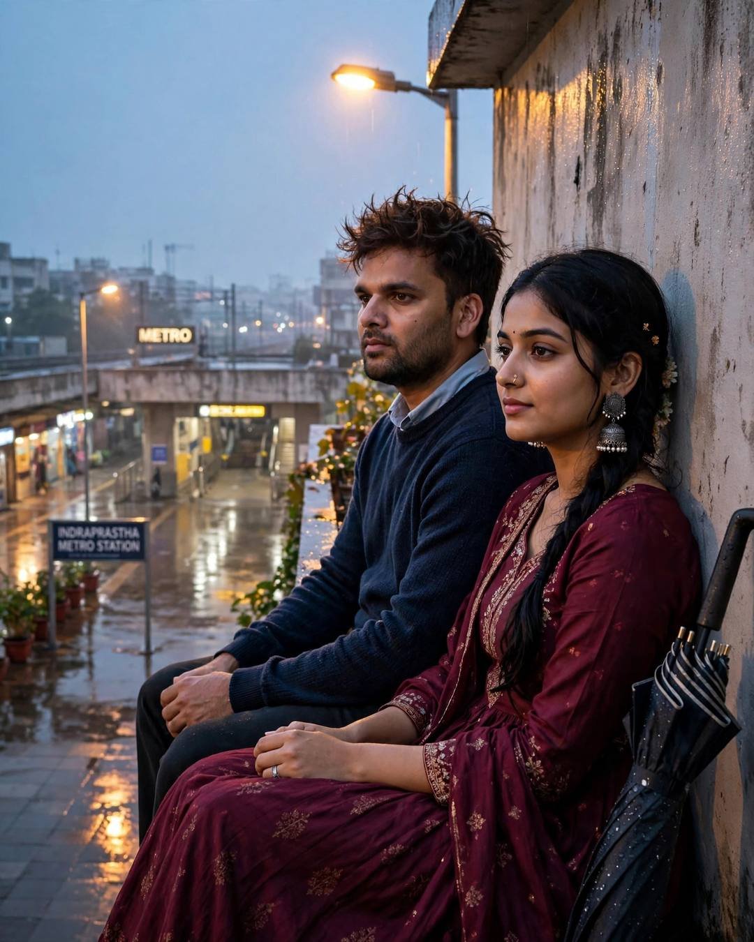 Indian couple sitting with backs against a metro station wall at dusk after rain, man in navy sweater and woman in maroon anarkali, wet street reflections