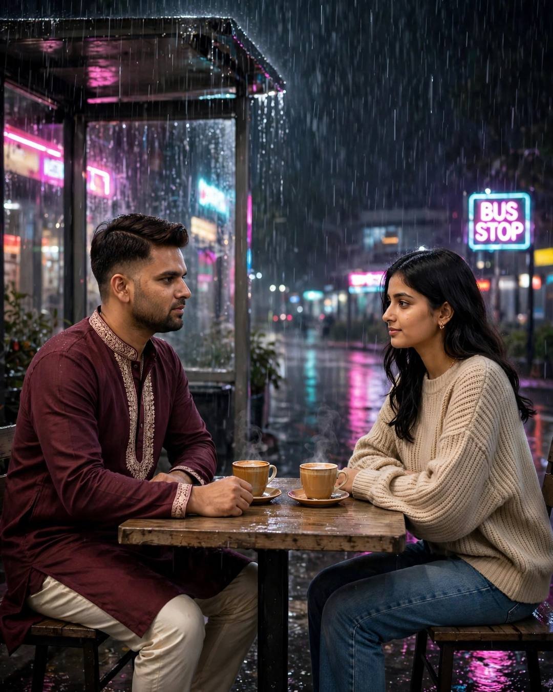 A man in a maroon kurta and a woman in a beige sweater sitting across a small cafe table at a rainy bus stop at midnight, neon signs glowing