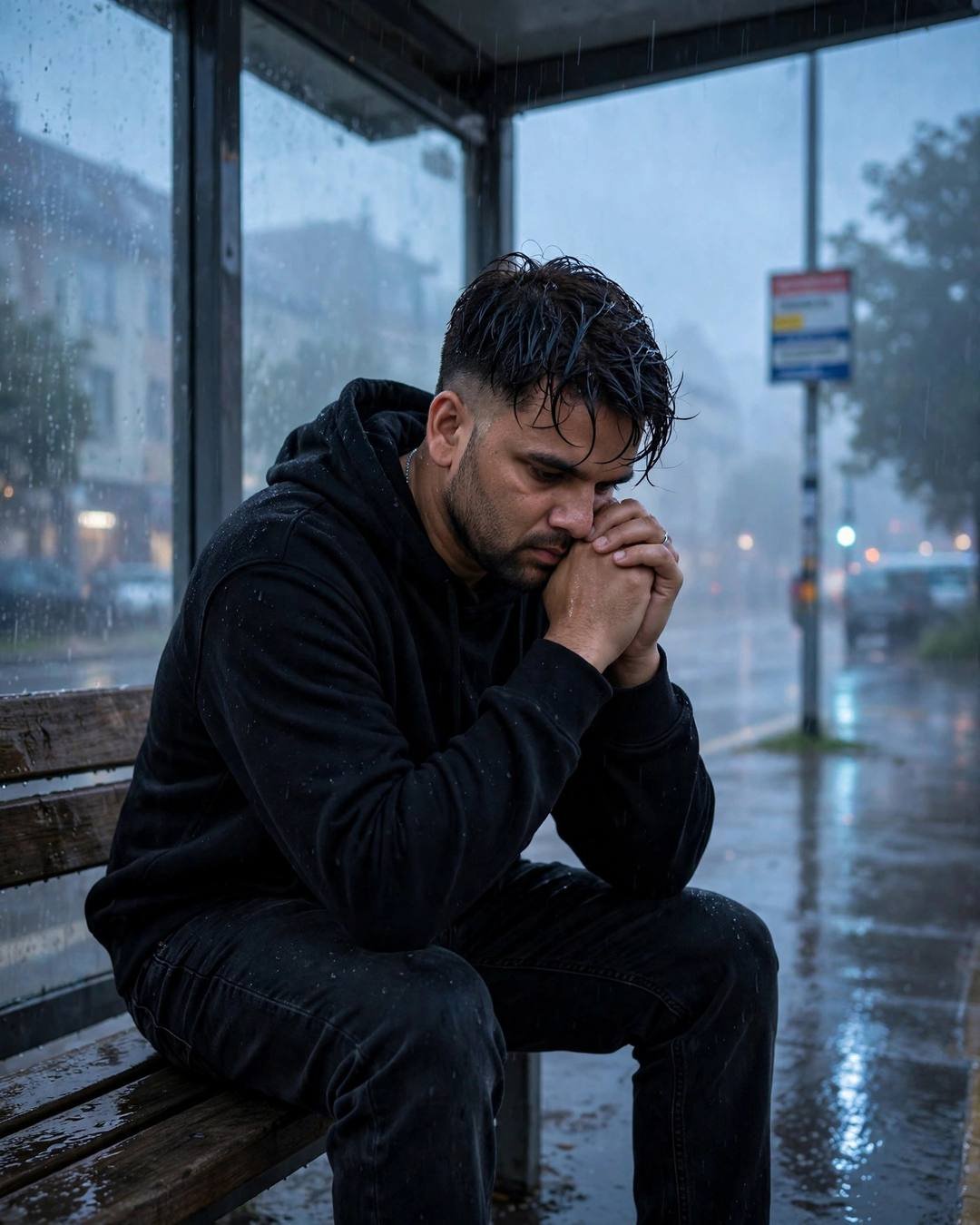 Young Indian man in a black hoodie sitting on a bench at a rainy bus stop, hands clasped near his face, soaked by the rain