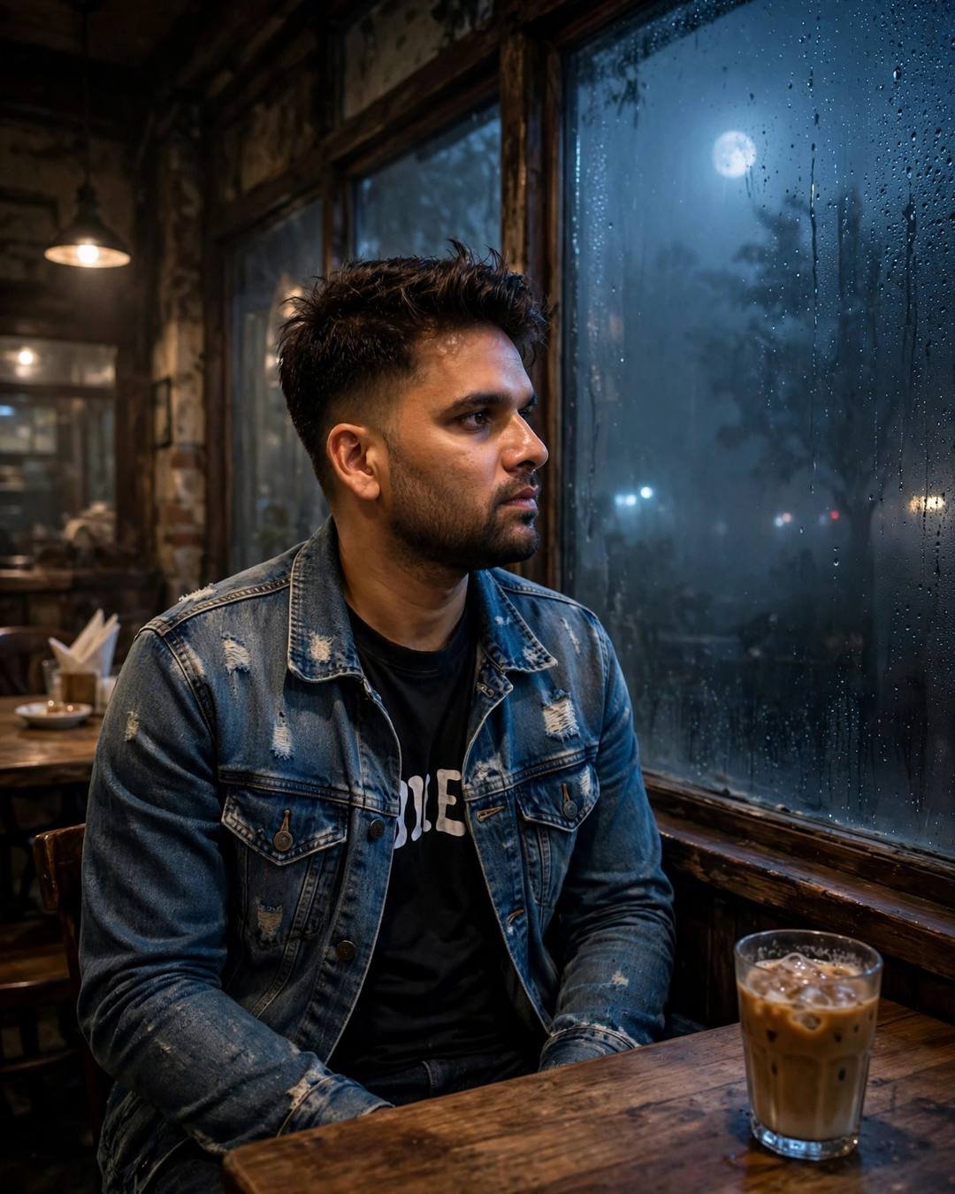 Young Indian man in a distressed denim jacket sitting at a café table with a cold coffee, gazing past a rain-streaked window lit by moonlight