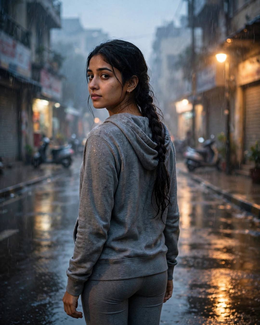 Young Indian woman in grey hoodie with long braid glancing over her shoulder on a rain-soaked street