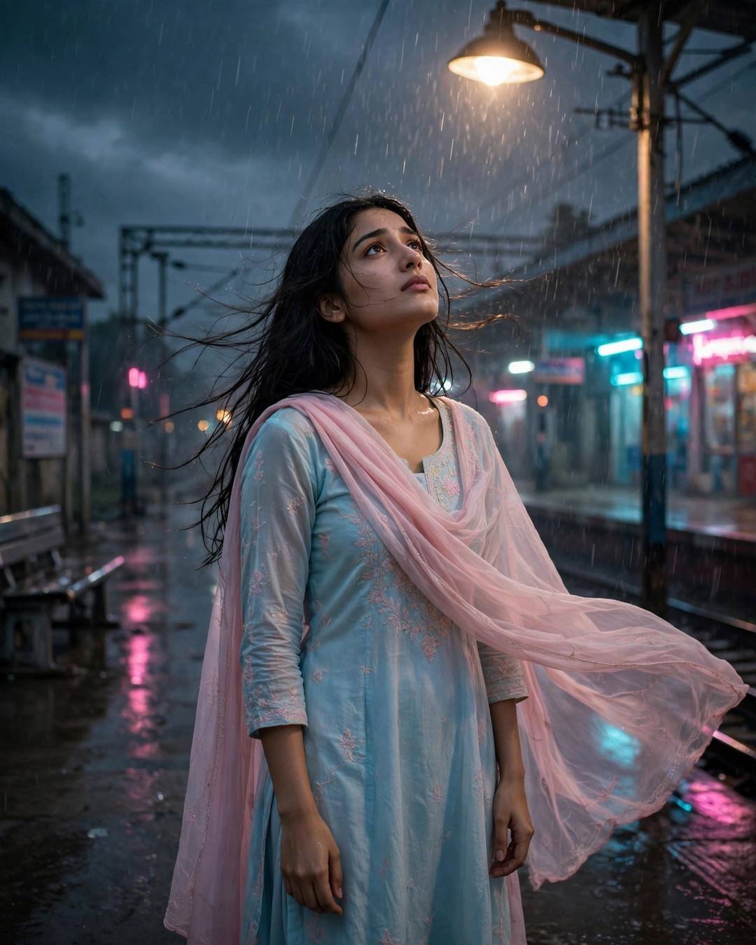 Young Indian woman in pastel salwar-kameez with dupatta standing under a streetlamp in the rain on a railway platform